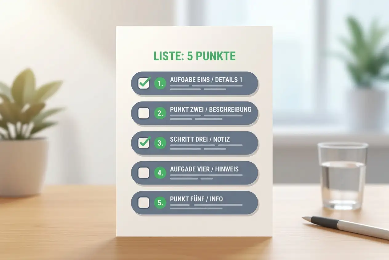 Nummerierte Checkliste mit fünf Schritten und abhakbaren Kästchen