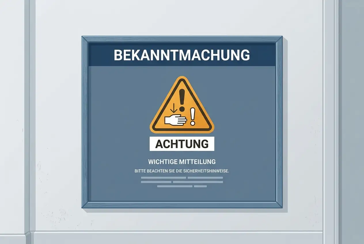 Amtlich wirkendes Hinweisschild mit Warnsymbol auf neutralem Hintergrund