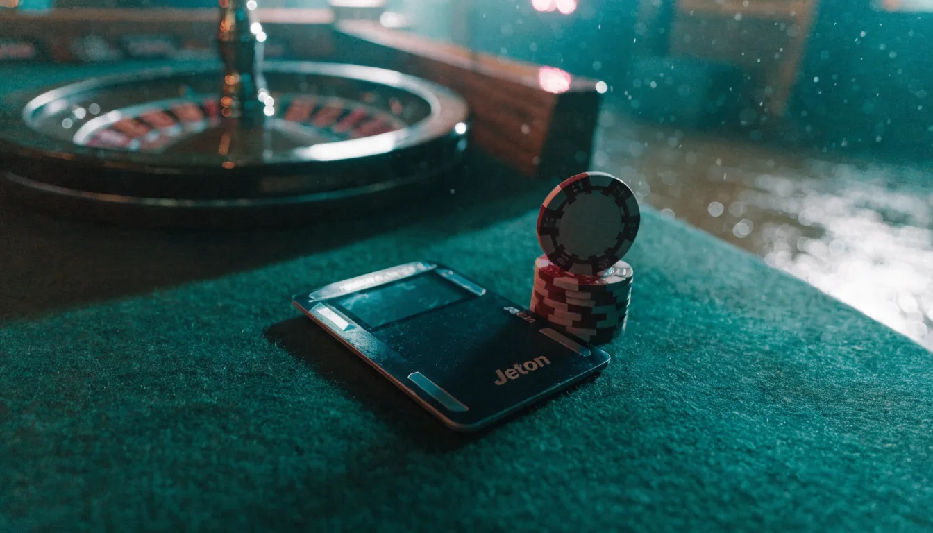 Jeton-Karte auf einem Casinotisch neben Spielchips und Roulette
