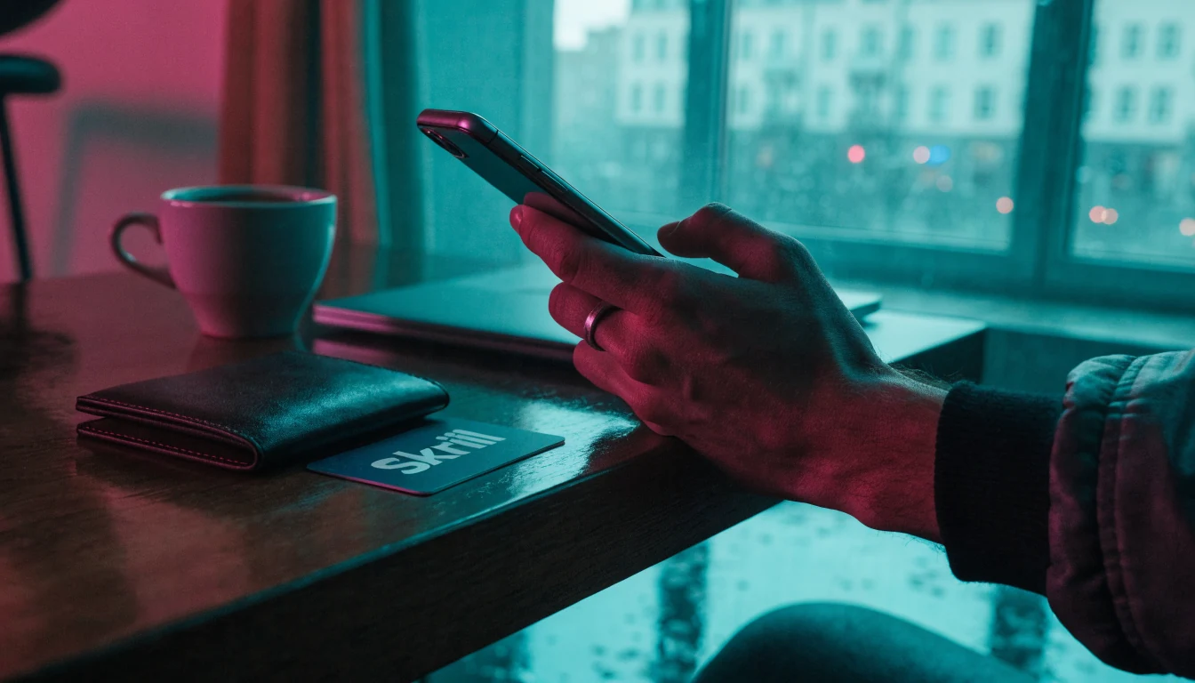 Hand mit Smartphone neben Skrill-Karte auf Holztisch in deutscher Wohnung.