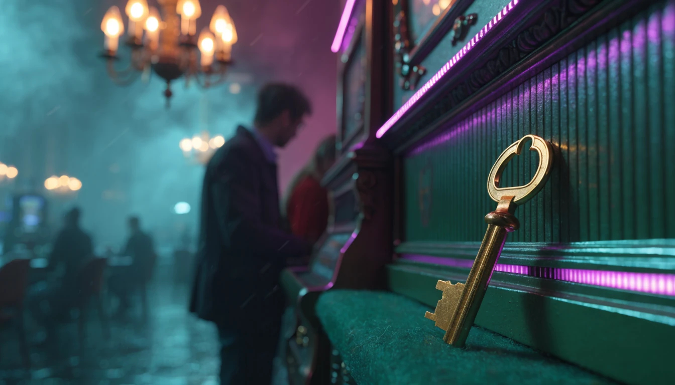 Goldener Schlüssel auf grünem Filz neben einem Spielautomaten in einer deutschen Spielhalle