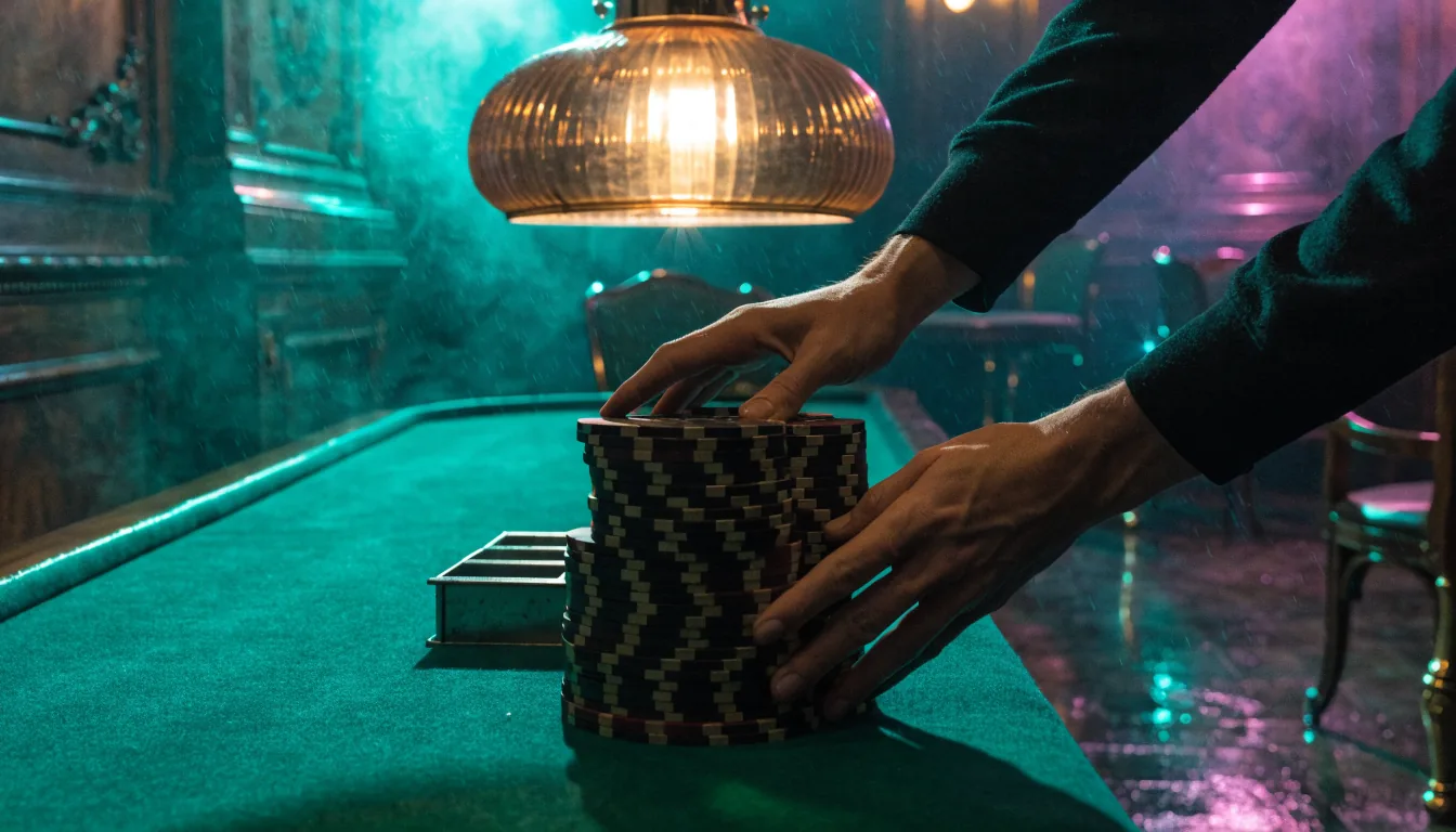 Hände setzen einen hohen Stapel Spielchips an einem Casino-Tisch ohne sichtbares Einsatzlimit.