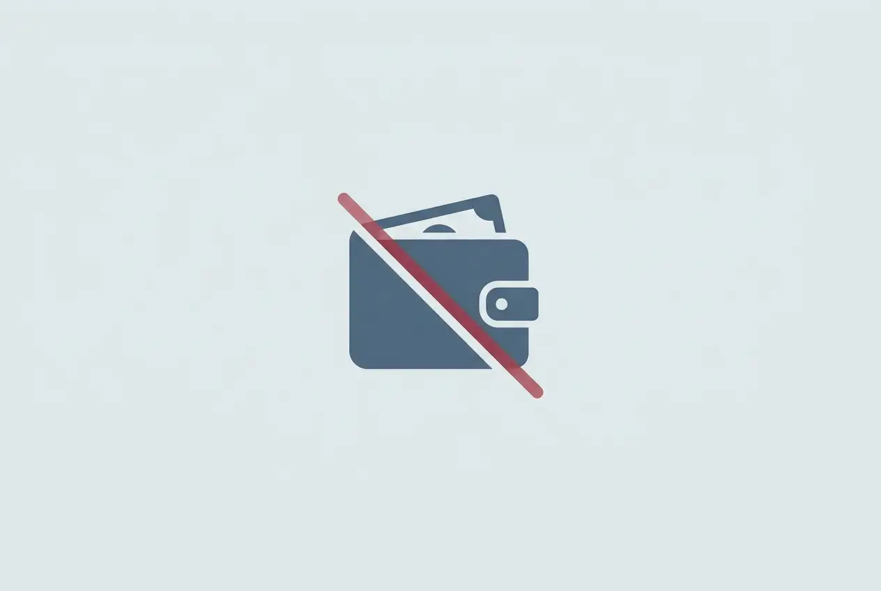Durchgestrichenes Wallet-Symbol als Hinweis auf fehlende Verfügbarkeit eines Zahlungsdiensts