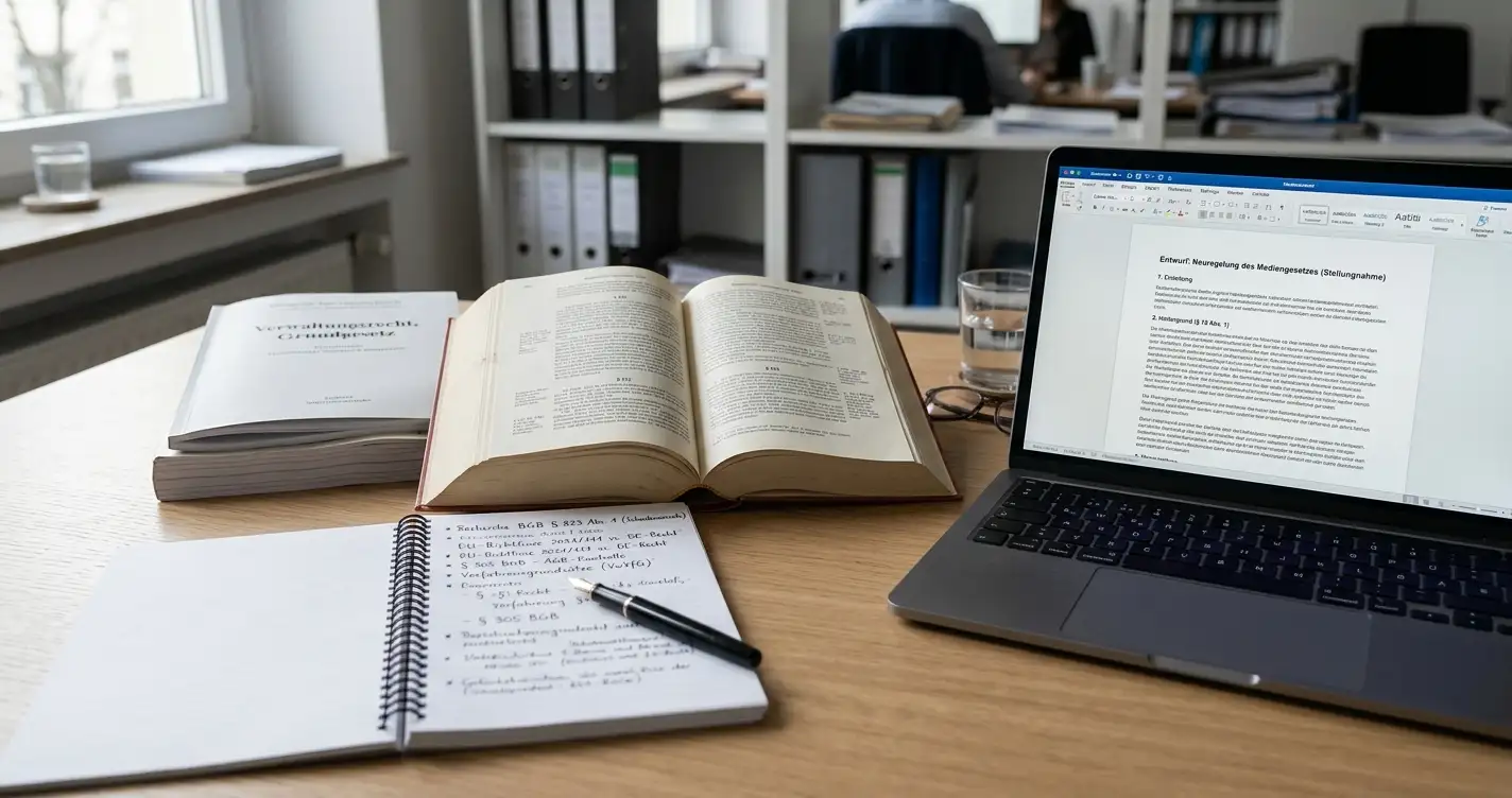 Schreibtisch mit aufgeschlagenen Gesetzestexten, Notizen und Bildschirm als Sinnbild für die redaktionelle Recherche